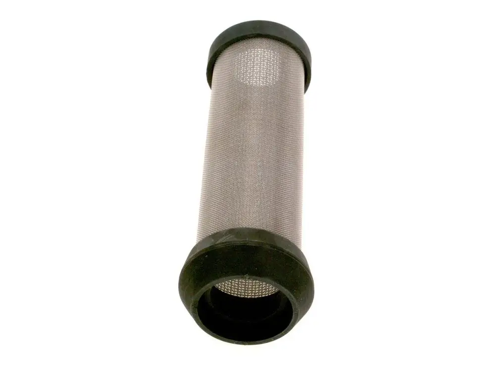 Filterkerze aus Edelstahl mit Gummimuffe von Bosch. Zylindrische Form mit feinem Maschengewebe zur Filtration.